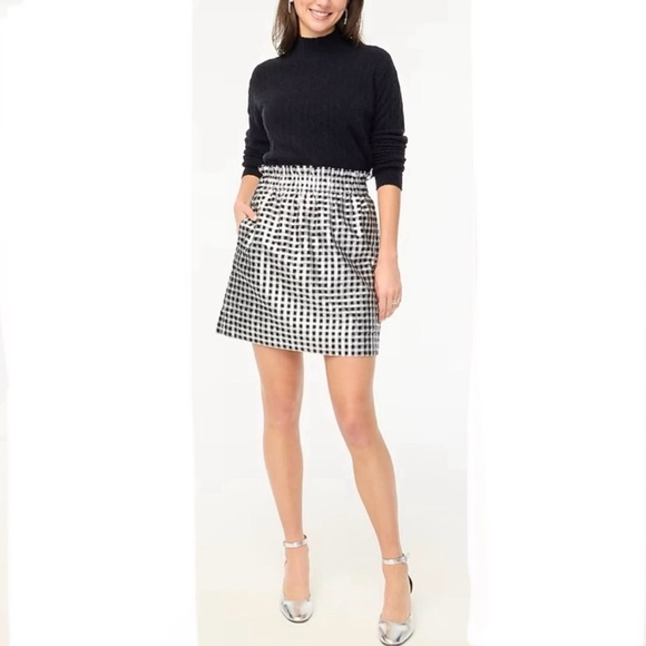 NEW J.Crew metallic silver and black gingham paper bag waist skirt - Picture 4 of 7